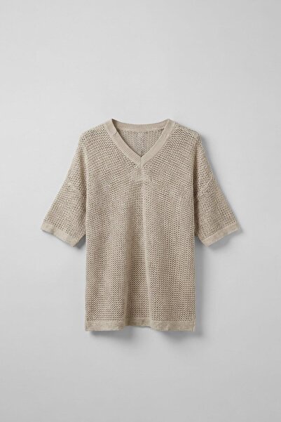 ablukaonline Ανδρικό μπλουζάκι Oversize με λαιμόκοψη V μπεζ