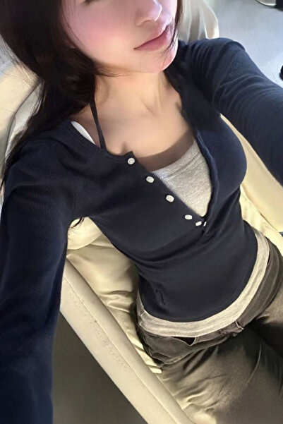 Köstebek Lacivert Düğmeli Gri Ek Parçalı Uzun Kollu Crop