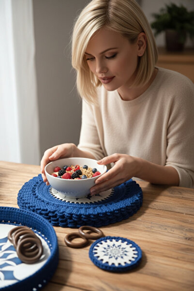 Örgü Sanatı DilekÇak El Örgüsü 6 Kişilik Poltester Soft Makrome Ahşap Tabanlı...