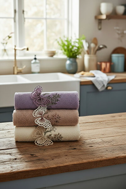 asev tekstil Papillon 30x50 Cm Güpür Kelebek İşlemeli 3’lü Mutfak Havlusu | E...