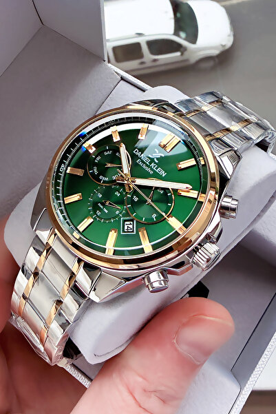 Daniel Klein ساعة يد رجالية حصرية مقاومة للماء باللون الفضي والذهبي وسوار فول...