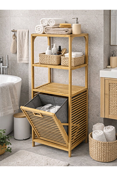 ERKUGO Καλάθι απορριμμάτων Bamboo με 3 ράφια, Οργανωτής μπάνιου πολλαπλών χρή...