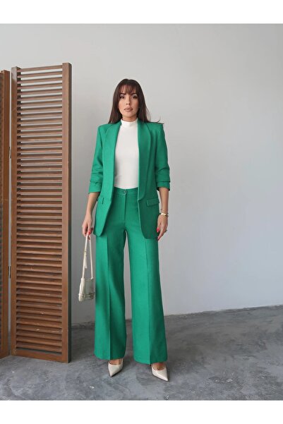 Swass Jachetă cu efect de lână și pantaloni palazzo set verde