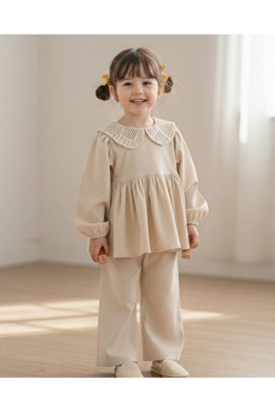 Ege Bebek Сезонна комплект за момичета от лен, с широки крачоли, качулати рък...