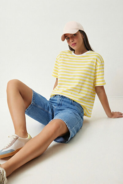 Lovelyİstanbul Oversize Striped Cotton Knitted T-Shirt Lze0001 Yellow White