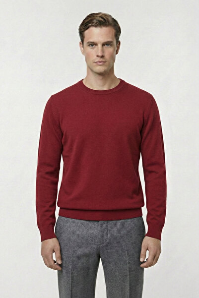 Sabri Özel Standart Fit Kırmızı Yünlü Bisiklet Yaka Triko Kazak