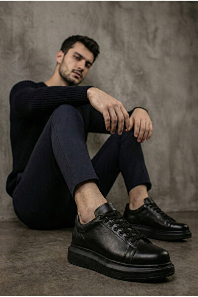 Genel Markalar Siyah Vegan Deri Bağcıklı Yüksek Tabanlı Erkek Sneaker