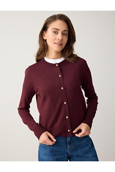 Jimmy Key Burgundy Shiny Button Detailed Round Neck Knitwear Cardigan