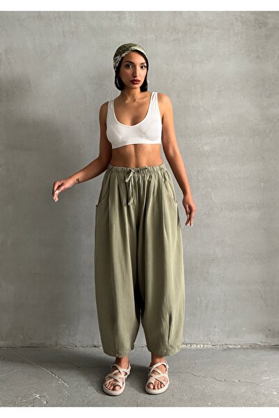 BEJNA Dámske khaki ľanové textúrované balónové nohavice