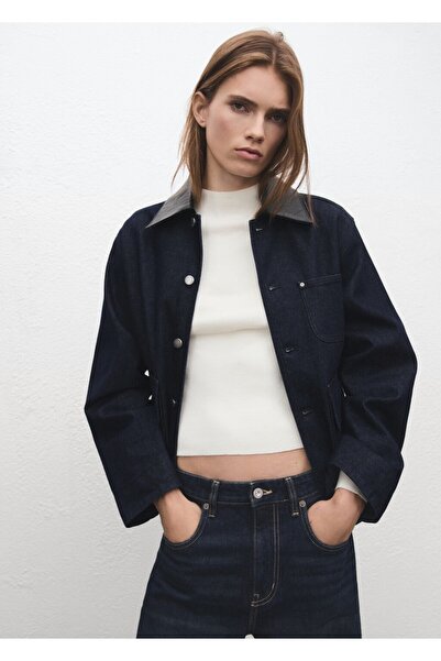 MANGO Woman Deri görünümlü yakalı denim ceket