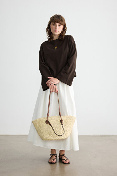 BE BLUE EKRU GEANTĂ DE PAIE CU MÂNERA DUBĂ DE PIELE