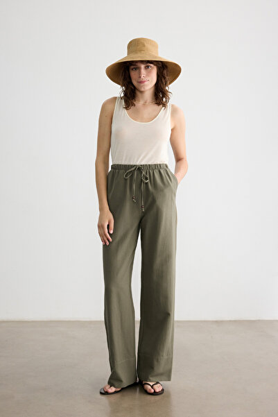 BE BLUE Khaki Bead Detail Viscos Linen Pants