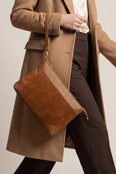 Marjin Women's Genuine Leather Clutch Portfolio Handbag Endoz Tan Suede