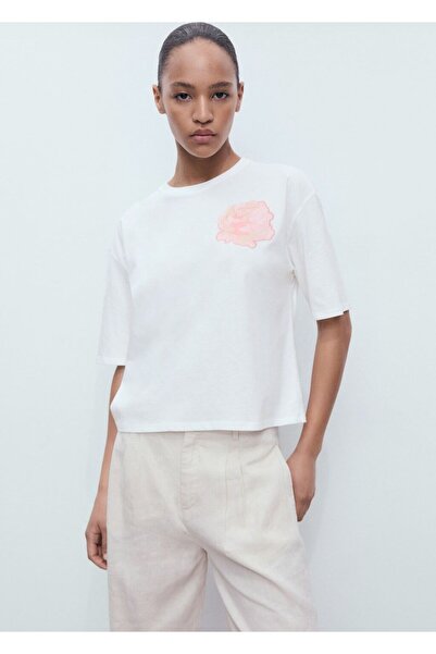 MANGO Woman Çiçek detaylı pamuklu tişört