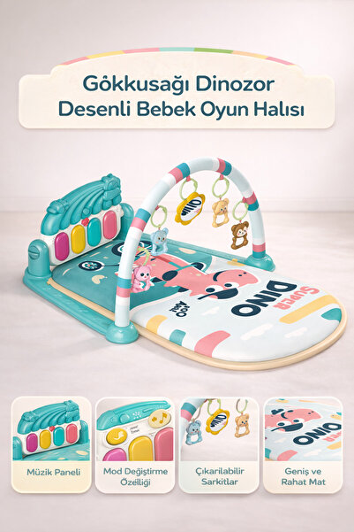 Genel Markalar Vardem Bebek Oyun Halısı (Piyanolu, Gökkuşağı Dinozor Desenli)