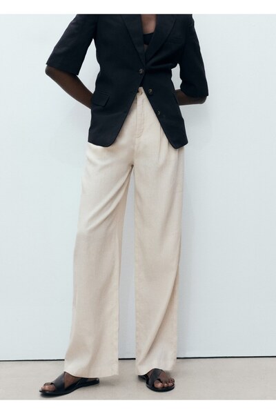 MANGO Woman Kemik düğmeli keten pantolon
