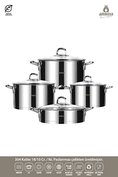 Amboss Cam Kapak Diamond 4004 Tencere Seti 8 Parça