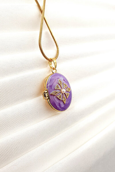 Stella Fortis Mor Mine Detaylı Kapaklı Madalyon Kolye – Altın Renk Yılan Zincir