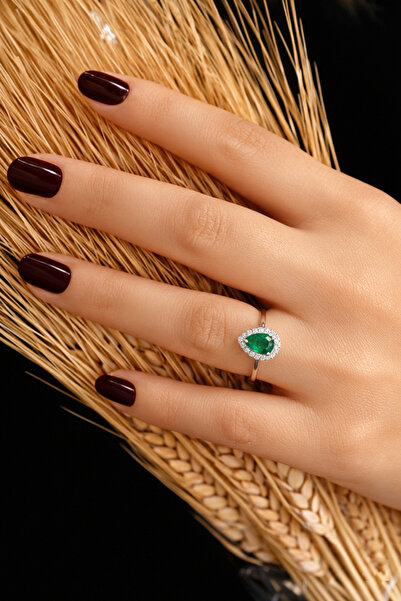 Silveranka 925 Ayar Gümüş Zümrüt Damla Taşlı Anturaj Yüzük