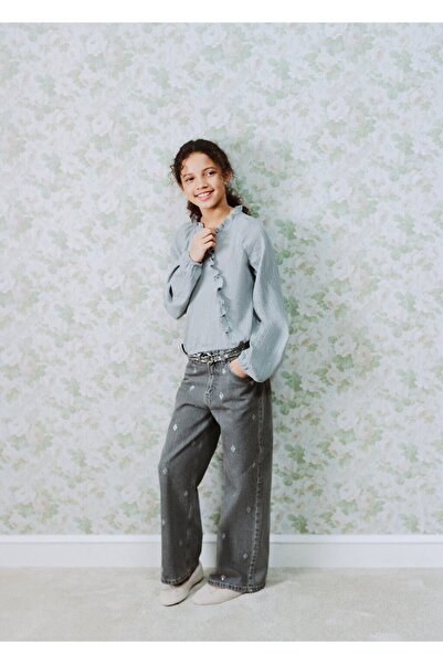 MANGO Kids Strass taşlı wide leg jean pantolon