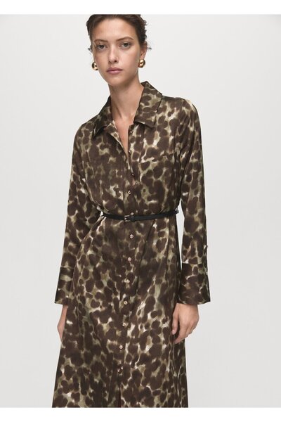 MANGO Woman Kemerli desenli gömlek elbise