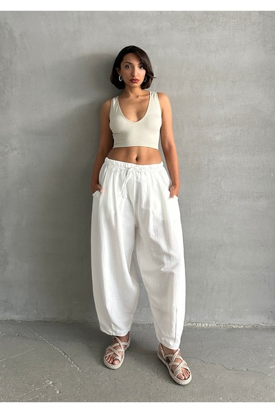 BEJNA Γυναικείο παντελόνι με υφή από λευκό λινό μπαλόνι
