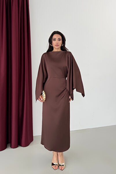 Serica Moda Coffee Bat Sleeve Waist Satin Dress