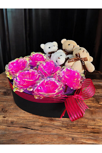 LUZAB Sevgiliye Ledli Özür Af Kutusu Fuşya Sonsuzluk Gülü Ayıcıklı Doğum Günü...