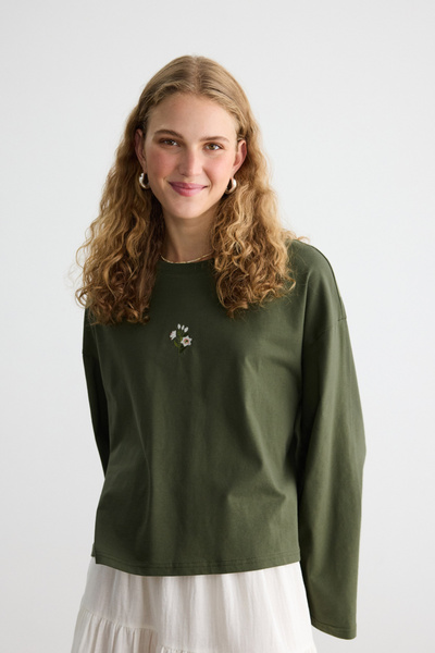 BE BLUE HAKİ UZUN KOLLU NAKIŞLI T-SHIRT