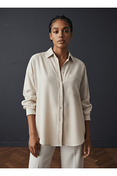 FEG STORE ÇİZGİLİ CEPLİ BEJ RENK GÖMLEK