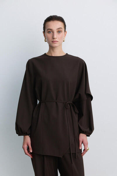 BE BLUE Aci Brown Shawl Detailled Blouse with Belt