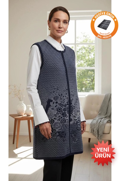 larocci Women's Zippered Patterned Sleeveless Long Vest