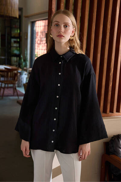 BE BLUE Μαύρο πουκάμισο μουσελίνας με μανίκια Kinomo