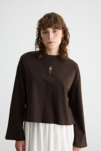 BE BLUE KAHVERENGİ UZUN KOLLU NAKIŞLI T-SHIRT