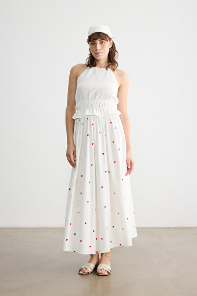 BE BLUE Heart Embroidered Cotton Linen Skirt