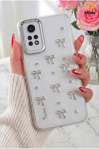 Fibaks Redmi Note 11 Pro/12 Pro 4G Kılıf Fiyonk Desenli Şeffaf Simli Gümüş Ka...