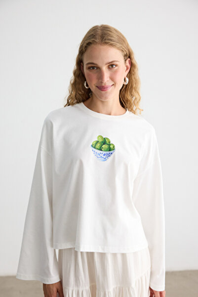 BE BLUE ZEYTİN BASKILI UZUN KOLLU T-SHIRT