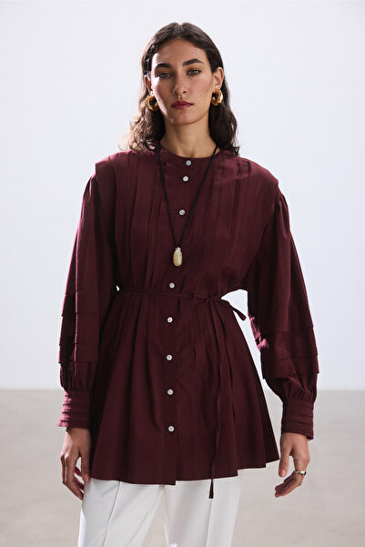 BE BLUE Πουκάμισο με ραβδώσεις από βουάλ σε μπορντό χρώμα