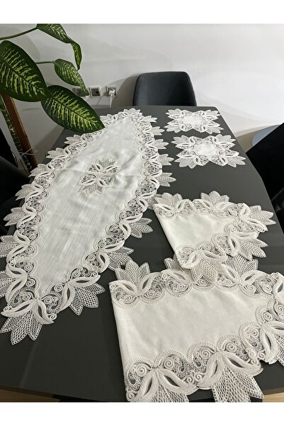 BRL ÇEYİZ HOME طقم غرفة معيشة فاخر من الدانتيل الفرنسي والكشكشة - مفرش طاولة،...