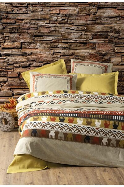 Cotton Box مجموعة غطاء لحاف مزدوج عرقي ماغنوس الخردل