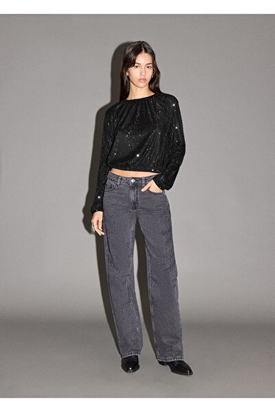 Mango Teen Düz kesim strass taşlı jean pantolon