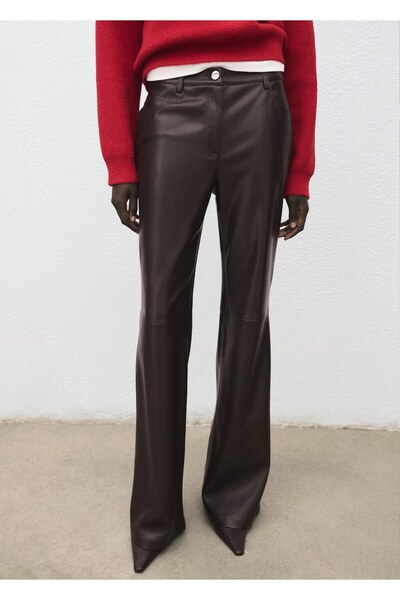 MANGO Woman Deri görünümlü flare pantolon