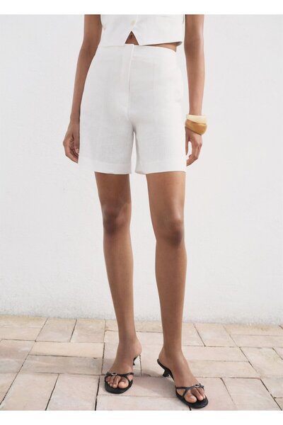 MANGO Woman Orta bel düz kesim keten şort