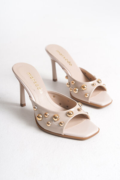 MARSEDO Papuci cu toc pentru femei Emelia, cu vârf tocit, din piele lacuită bej