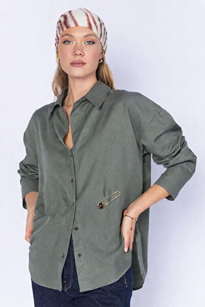 EDITION WOMAN Haki Oxford Pamuklu Uzun Oversize Rahat Kesim Gömlek Ek10001674...