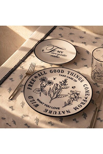 Evidea Kitchen Porselen Flower Servis Tabağı - Siyah / Krem - 25 cm