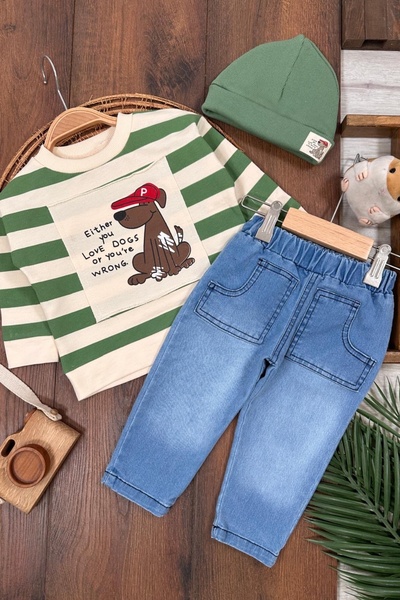 MixMax Bebe Erkek Bebek Dogs Çizgili Sweatshirt-Kot Pantolon-Bere Bayramlık 3...