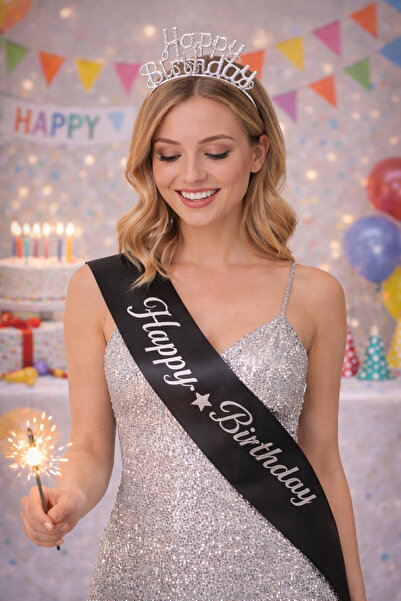 Larenya Happy Birthday Yazılı Metal Taç Ve Kuşak & Siyah Gümüş Kuşak Gümüş Taç