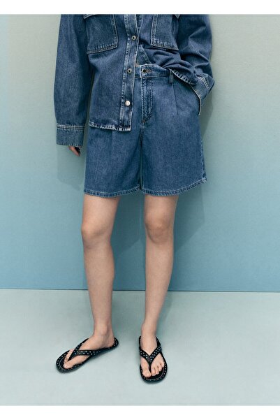 MANGO Woman Orta bel pileli denim bermuda şort