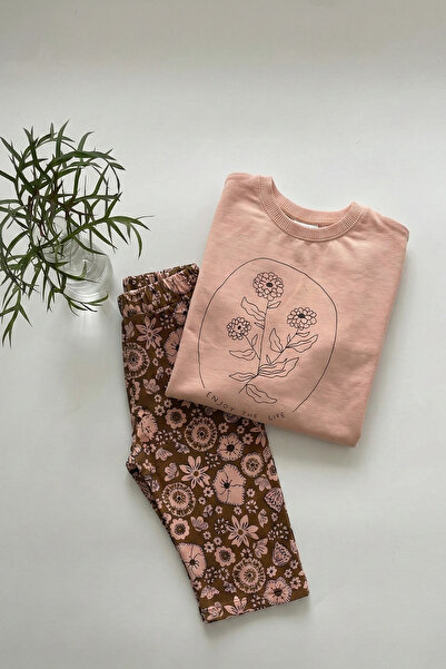 Cigit Long Sleeve Patterned High Waist Trouser Suit 2-8 Years Old Salmon